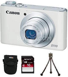 Canon PowerShot S110 12.1MP Digital Camera, 5x Optical Zoom, White + 16GB SDHC Card + Mini Tripod + Camera Case