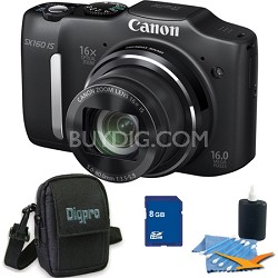 Canon Powershot SX160 IS 16MP Digital Camera, 16x Optical Zoom, 3" LCD + 8GB Memory Bundle