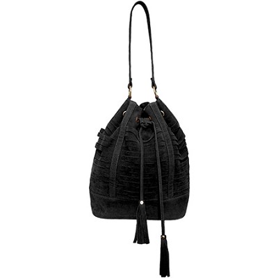 BuyDig.com - Yoki Suede Cage Bucket Bag with Pull String Tassels (Black)